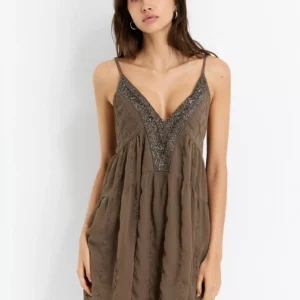 Copper Beaded Ruffled Loose Dress